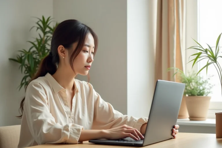 Femme naviguant sur un site web déco et zen depuis un bureau en bois minimaliste dans un bureau à domicile épuré