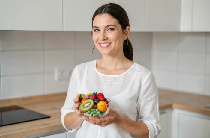 Femme tenant un bol de fruits frais et compléments santé dans une cuisine moderne et lumineuse