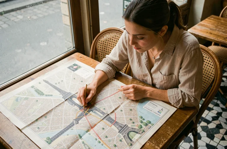 Femme consultant un plan imprimé de Paris dans un café parisien pour organiser son séjour touristique