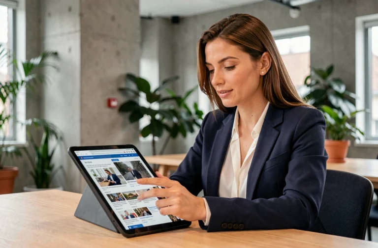 Femme professionnelle consultant les dernières actualités et tendances sur une tablette dans un bureau moderne et lumineux