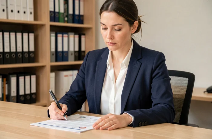 Femme professionnelle examinant des documents de certification RNCP à son bureau