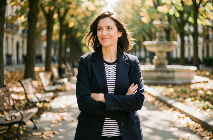Femme élégante se promenant dans un parc parisien en automne, portrait éditorial en extérieur sur la vie personnelle et familiale