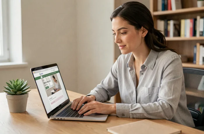 Femme cherchant un emploi en ligne depuis son bureau à domicile avec un laptop
