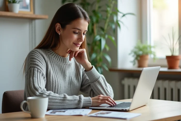Femme cherchant une location immobilière sur un site spécialisé depuis son bureau à domicile