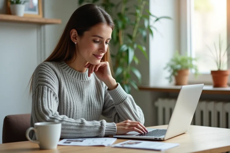 Femme cherchant une location immobilière sur un site spécialisé depuis son bureau à domicile
