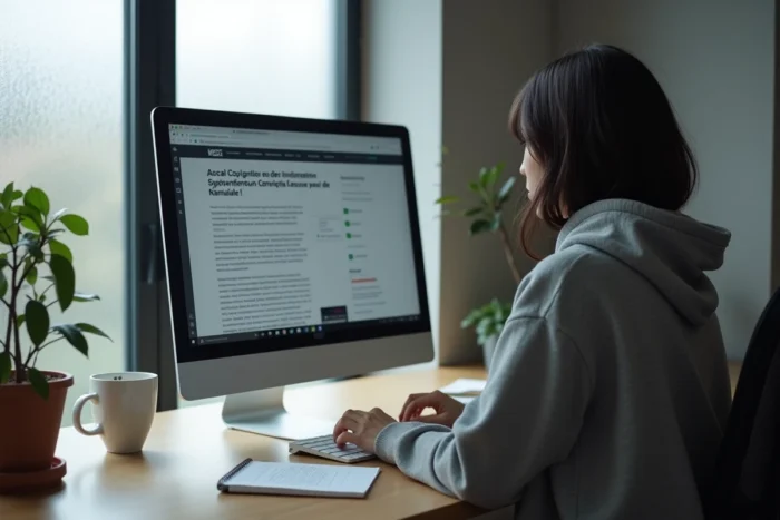 Femme consultant des informations légales sur le droit du téléchargement en France sur son ordinateur