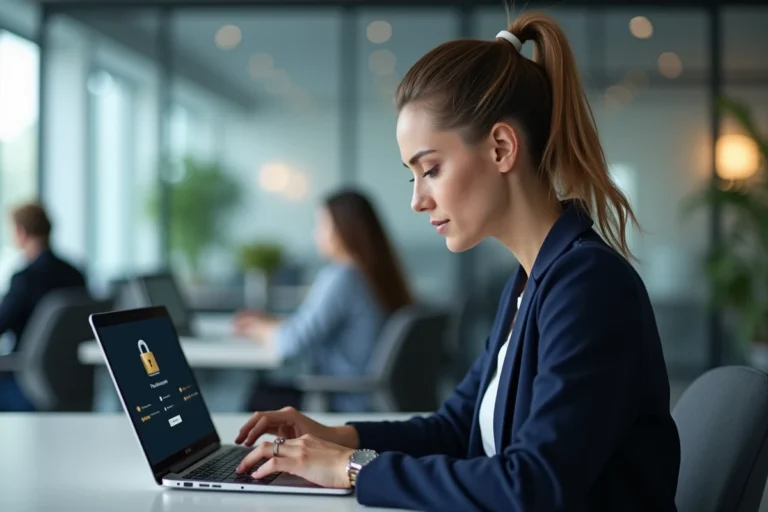 Femme professionnelle configurant un gestionnaire de mots de passe sur son ordinateur portable dans un bureau moderne