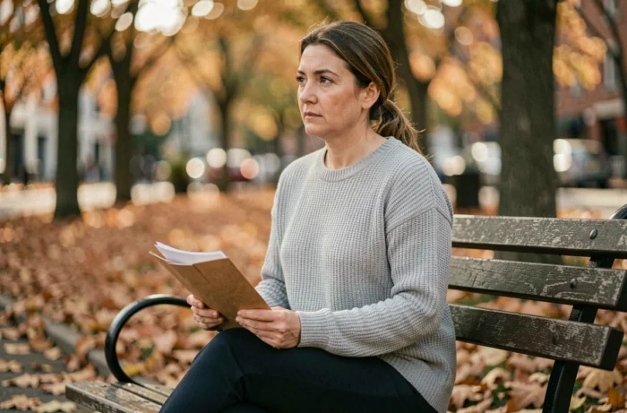 Une femme seule dans un parc tenant des documents juridiques, illustrant la période de séparation de deux ans requise pour un divorce pour altération du lien conjugal