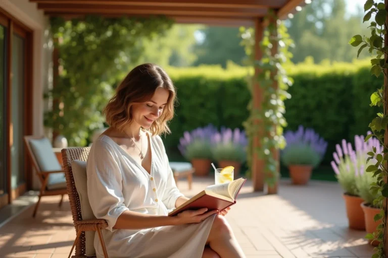 Femme détendue lisant sous une pergola en bois dans un jardin ensoleillé cet été