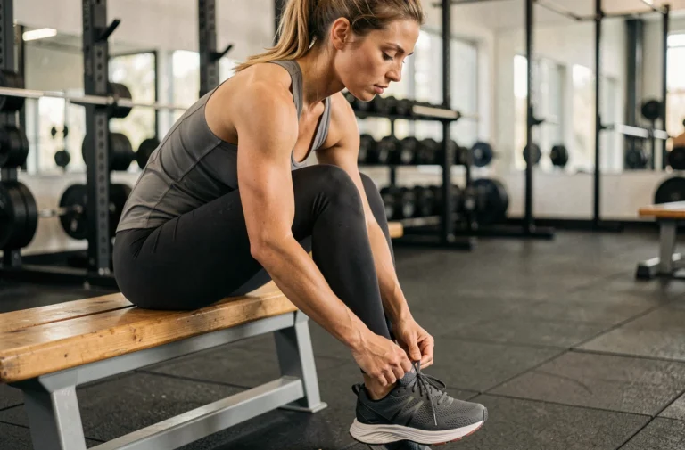 Femme sportive qui lace ses chaussures de running dans une salle de sport moderne avec équipements visibles en arrière-plan