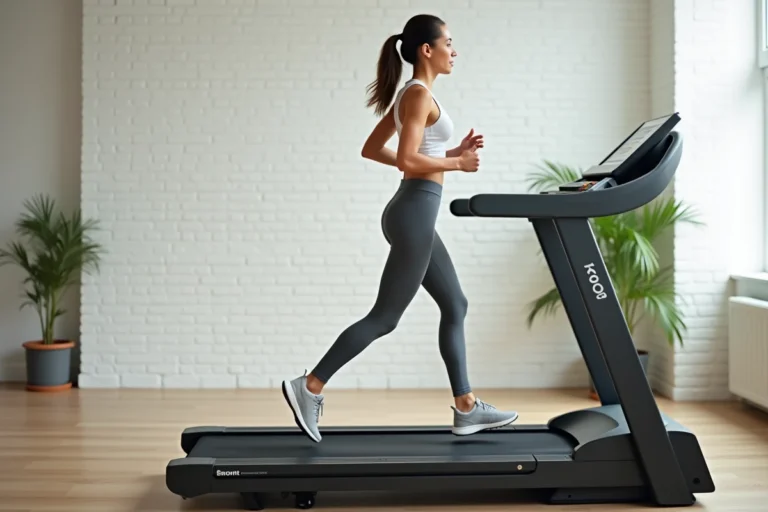 Femme qui court sur un tapis de course ISE SY-1005 dans une salle de sport à domicile moderne