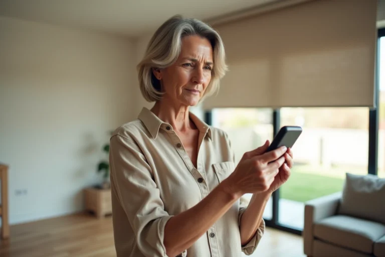 Femme inspectant une télécommande Somfy dont le voyant rouge clignote dans un salon moderne avec store enrouleur