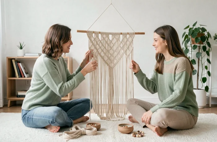 Deux femmes faisant du macramé ensemble dans un appartement moderne, activité créative et détente entre amies