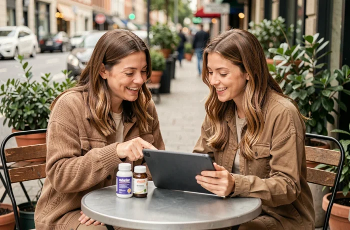Deux femmes consultant des tendances santé sur une tablette dans un café en terrasse