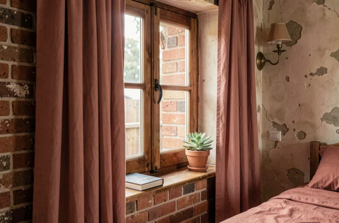 Fenêtre à guillotine en bois dans une chambre vintage avec mur en briques apparentes, rebord de fenêtre avec plante succulente et rideau en coton rose poudré