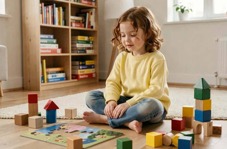 Jeune fille jouant avec des blocs de construction en bois et un puzzle coloré sur un parquet en chêne clair dans un salon scandinave