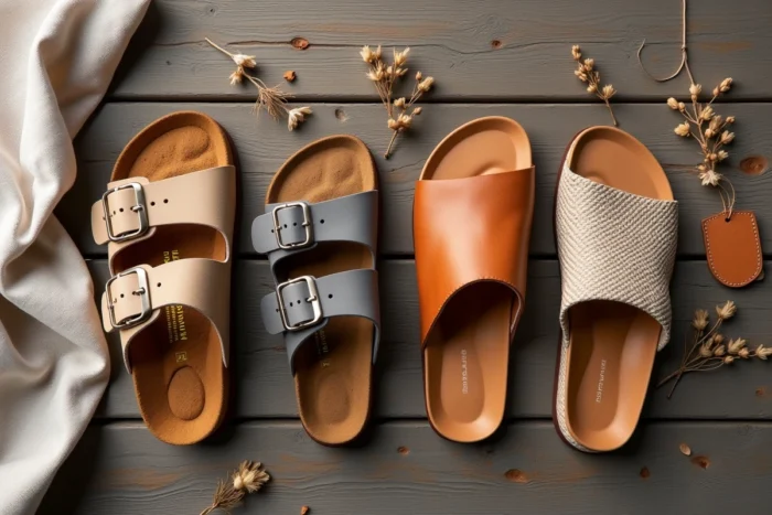 Comparaison en flat-lay de quatre sandales alternatives à Birkenstock sur une surface en bois rustique
