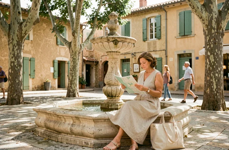 Femme consultant une carte touristique assise près d'une fontaine en pierre dans le centre historique de Montélimar par une belle journée ensoleillée