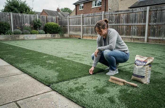 Jardin résidentiel avec gazon synthétique nouvellement installé sur terre, montrant les joints soigneusement alignés et les bordures en béton