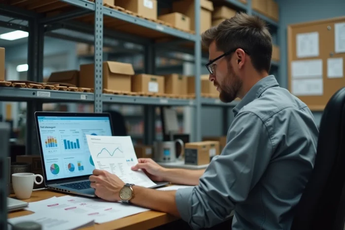 Gérant de commerce analysant ses rapports de vente FDJ sur un ordinateur portable dans son bureau arrière