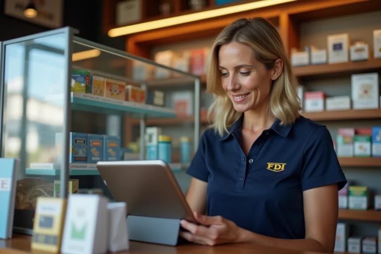Gérante d'un bureau de tabac consultant l'application Profession Jeux FDJ sur une tablette derrière son comptoir