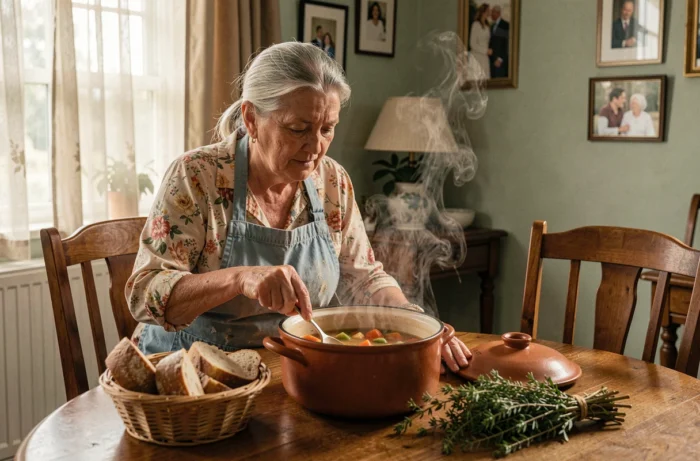 Grand-mère remuant une soupe de légumes maison dans un pot en terre cuite à une table en bois avec du pain rustique et des herbes fraîches