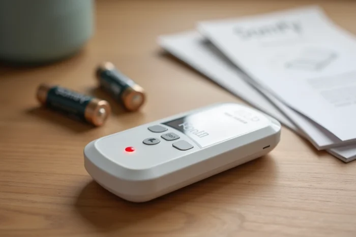 Gros plan d'une télécommande Somfy Telis avec voyant rouge allumé, piles et manuel posés sur une table en bois