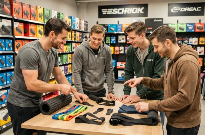 Groupe de sportifs comparant des équipements sportifs essentiels dans un magasin spécialisé