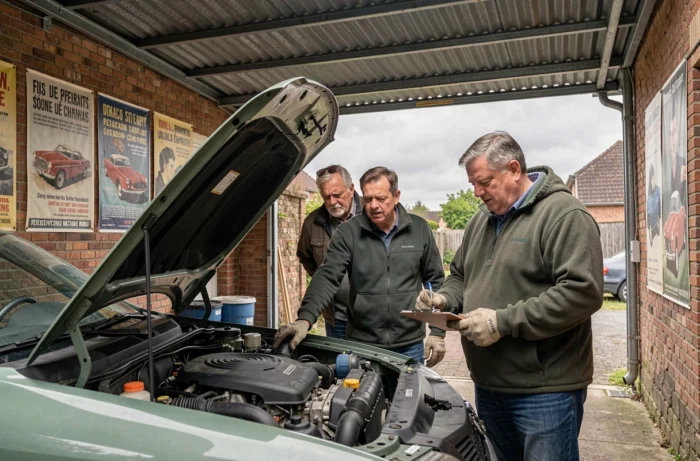 Groupe de personnes participant à une session de réparation automobile dans un garage solidaire du Hainaut en Belgique