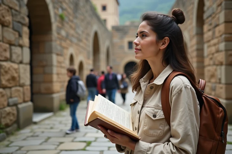 Femme consultant un guide touristique imprimé devant un monument historique en pierre