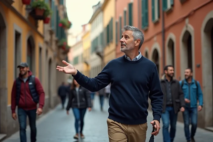 Guide touristique professionnel animant une visite guidée dans une ruelle pittoresque européenne