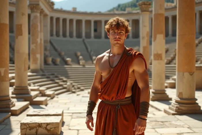 Jeune homme musclé aux cheveux roux bouclés en tenue grecque antique devant des colonnes doriques