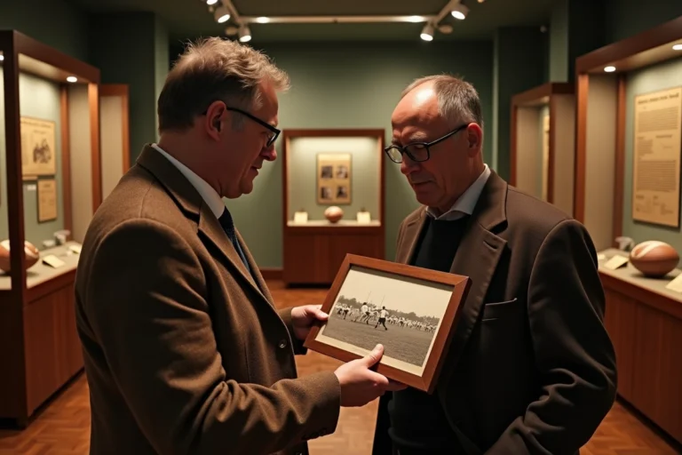 Conservateur de musée examinant une photographie historique de match de rugby du début du XXe siècle dans une salle d'exposition vintage