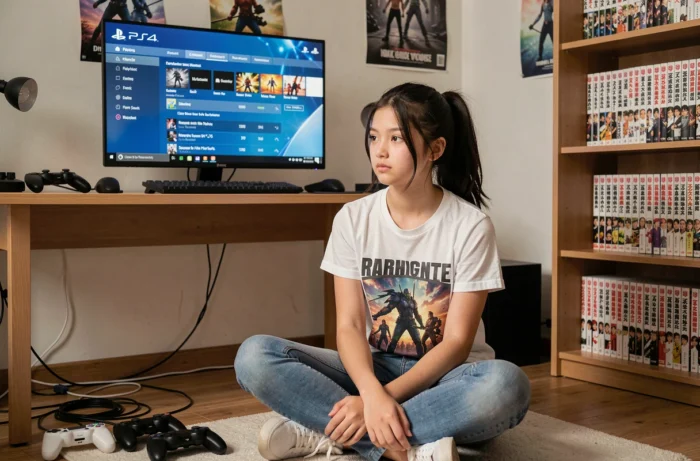 Adolescente assise sur le sol de sa chambre consultant l'historique des heures de jeu sur son compte PS4