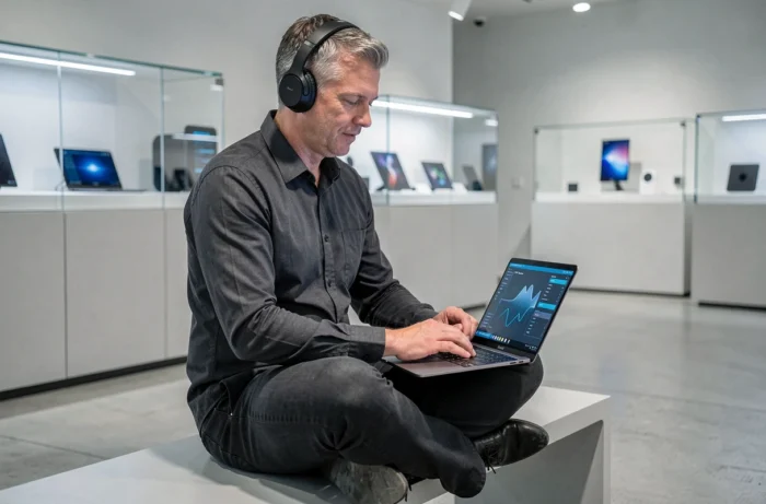 Un homme portant un casque sans fil et utilisant un ordinateur portable avec intelligence artificielle dans un showroom technologique