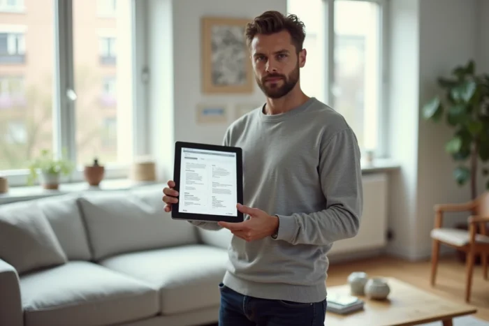 Homme consultant un plan de site structuré sur une tablette dans un salon de style scandinave épuré