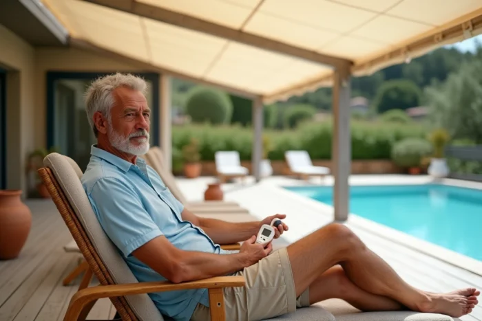 Homme appliquant de la crème solaire sous une pergola avec vue sur piscine en été