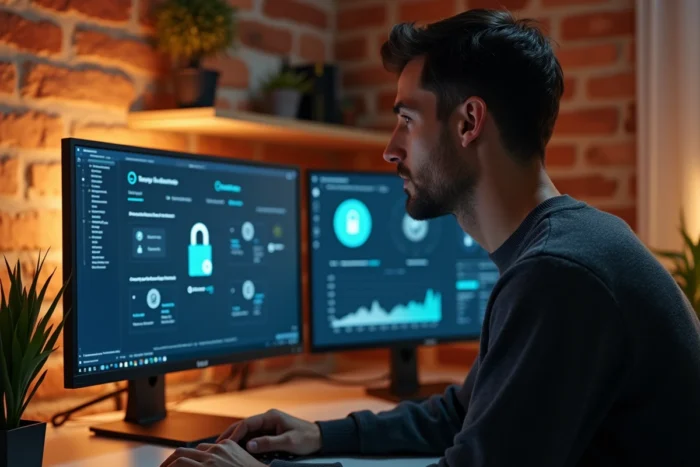 Homme gérant une authentification à deux facteurs et un tableau de bord de cybersécurité sur deux écrans à domicile