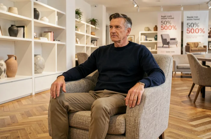Homme assis dans un fauteuil design en déstockage lors d'une vente promotionnelle dans une boutique de meubles de luxe