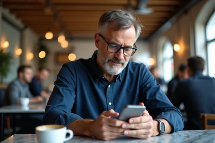 Homme gérant ses annonces en ligne depuis son smartphone dans un café, connecté à son espace membre
