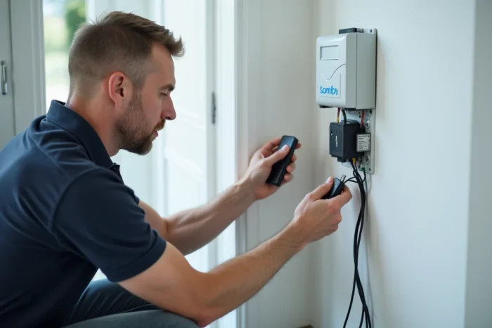 Homme examinant le moteur Somfy d'un volet roulant avec télécommande en main pour diagnostiquer un dysfonctionnement