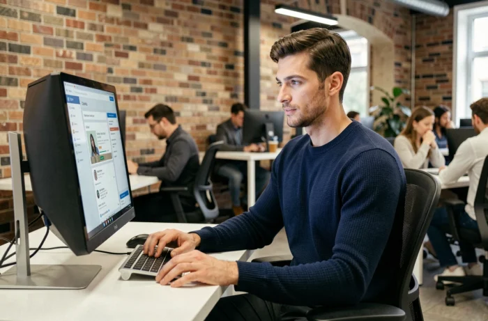 Homme consultant des offres d'emploi en ligne dans un espace de coworking moderne