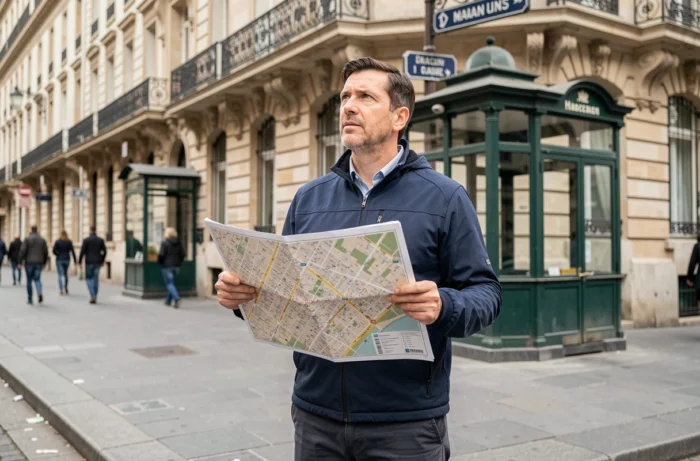 Homme debout sur un trottoir parisien tenant un plan imprimé de Paris pour se repérer en ville