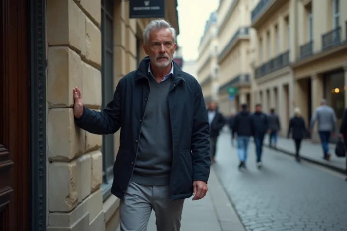 Homme surpris par des photographes en sortant d'un immeuble parisien, illustrant la tension entre curiosité publique et vie privée