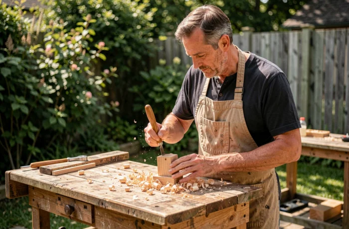Homme sculptant du bois dans un atelier extérieur, loisir créatif artisanal au jardin