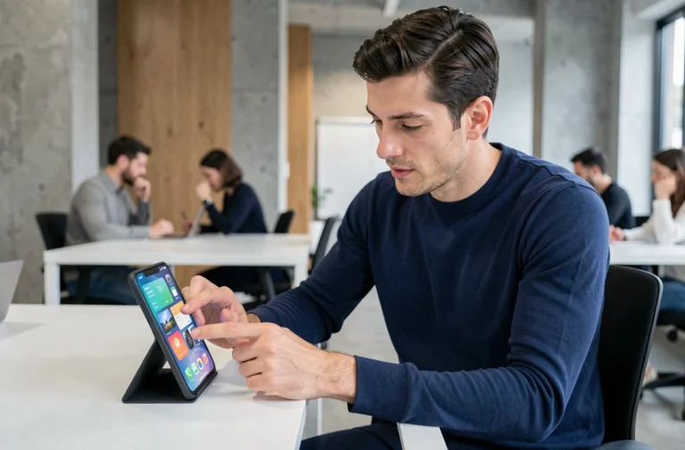 Un homme dans la trentaine utilisant un smartphone pliable dans un espace de travail moderne high-tech