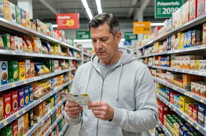 Homme en supermarché comparant deux cartes de fidélité Carrefour dans la main, hésitant entre les programmes de récompenses