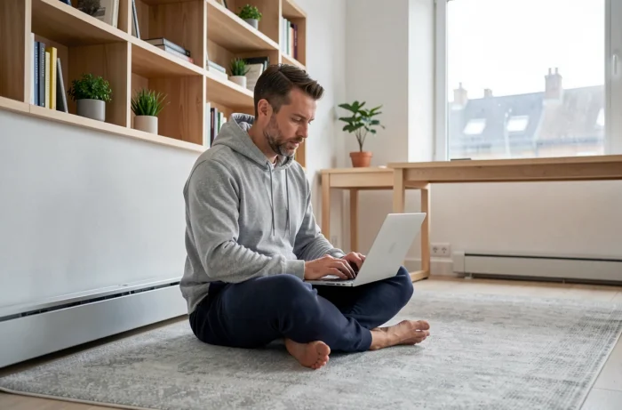 Homme travaillant depuis chez lui au sol avec un chauffage cinétique basse pression intégré dans un bureau contemporain