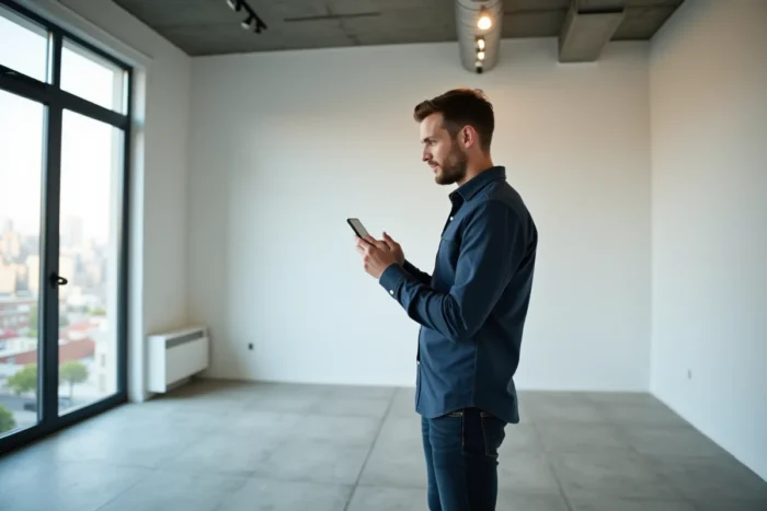 Homme visitant un appartement vide en consultant une annonce de location sur son smartphone