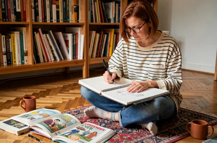 Illustratrice esquissant dans un carnet de dessin dans un espace créatif cosy entouré de livres d'art et de zines